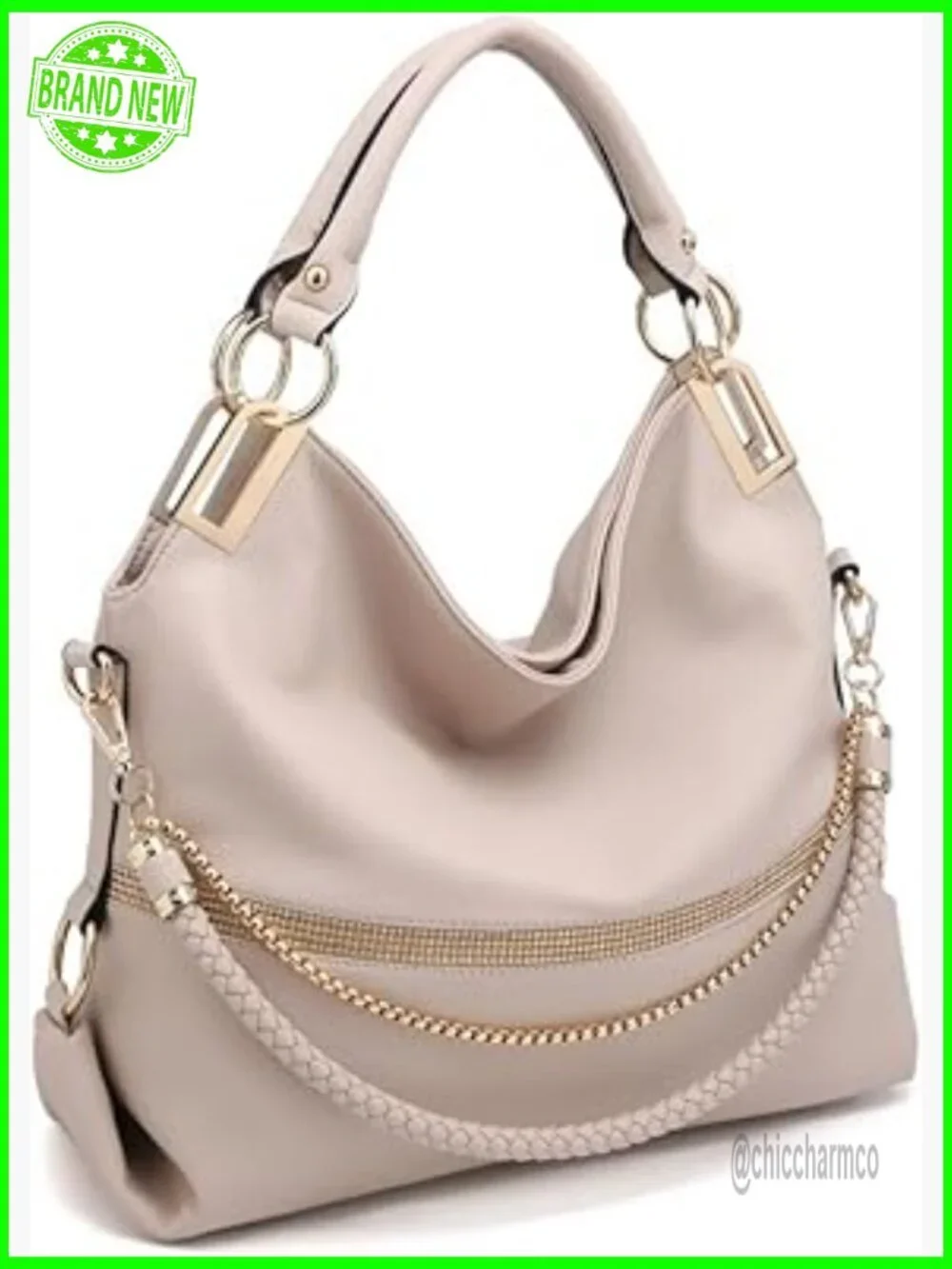 Large Vegan Leather Hobo Tote with Rhinestone Accents, Adjustable Strap